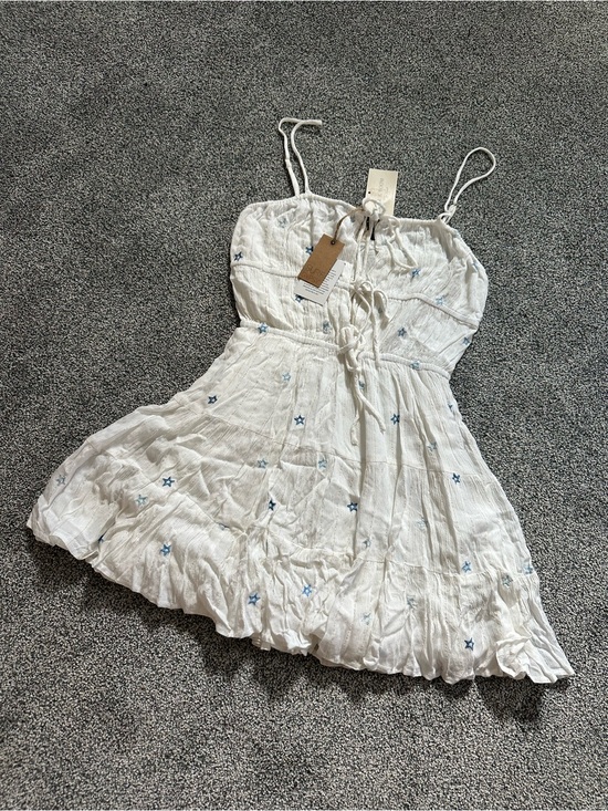 Surf Gypsy Dresses & Skirts - Surf Gypsy White Mini Dress with Light Blue Star Embroidery